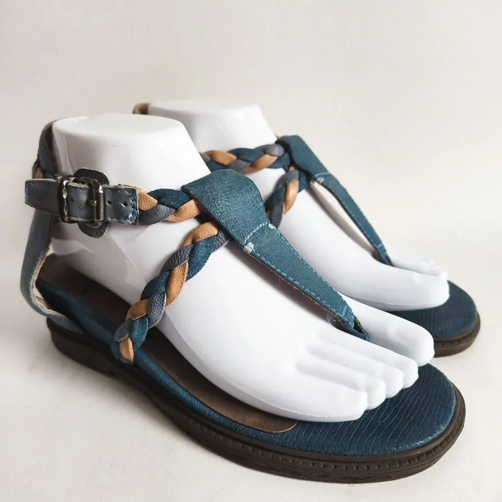 OTBT Earthly Baby Blue Strappy Low Wedge Thong Sandals Braided Womens Size 6.5